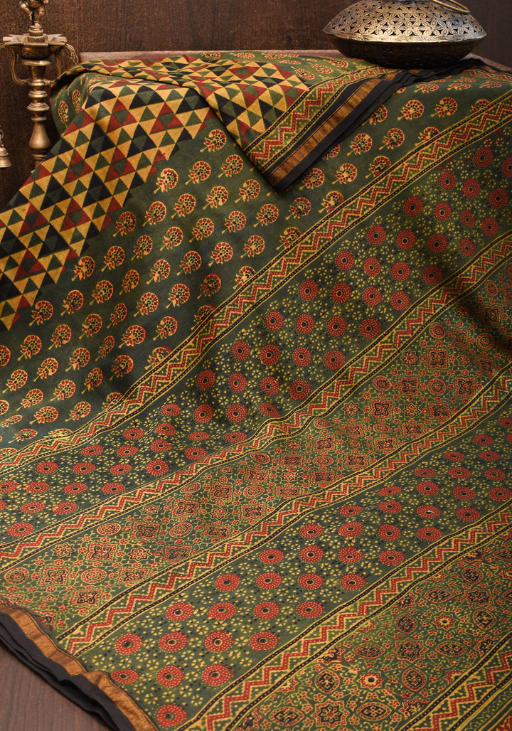 Ajrakh Hand Block Print on Chanderi Silk Cotton Saree with thin zari borders