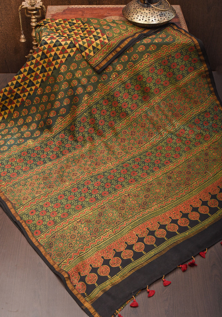 Ajrakh Hand Block Print on Chanderi Silk Cotton Saree with thin zari borders