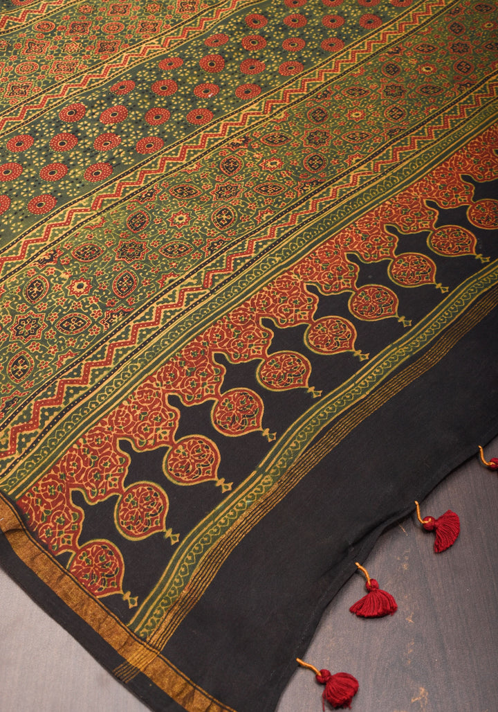 Ajrakh Hand Block Print on Chanderi Silk Cotton Saree with thin zari borders