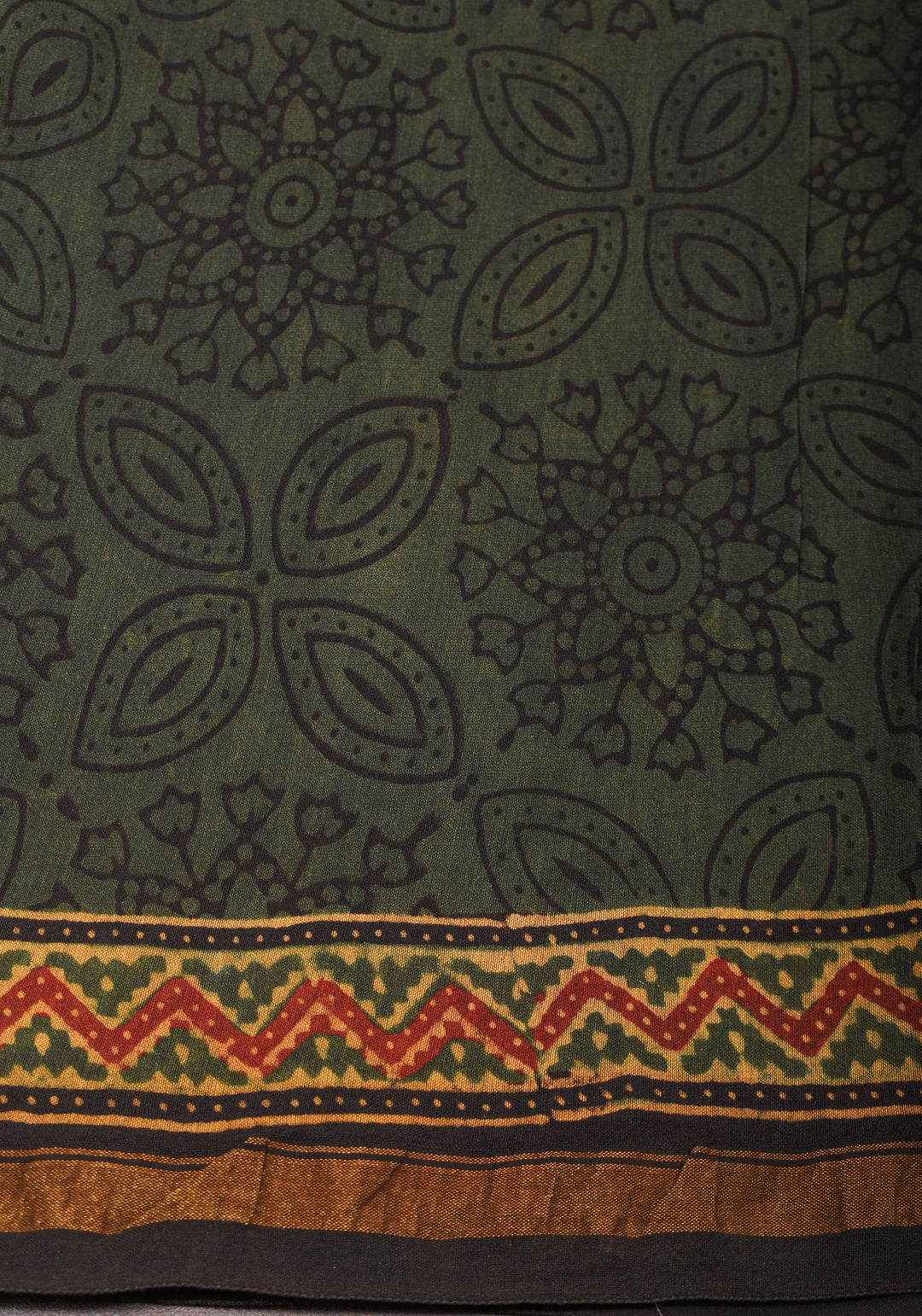 Ajrakh Hand Block Print on Chanderi Silk Cotton Saree with thin zari borders