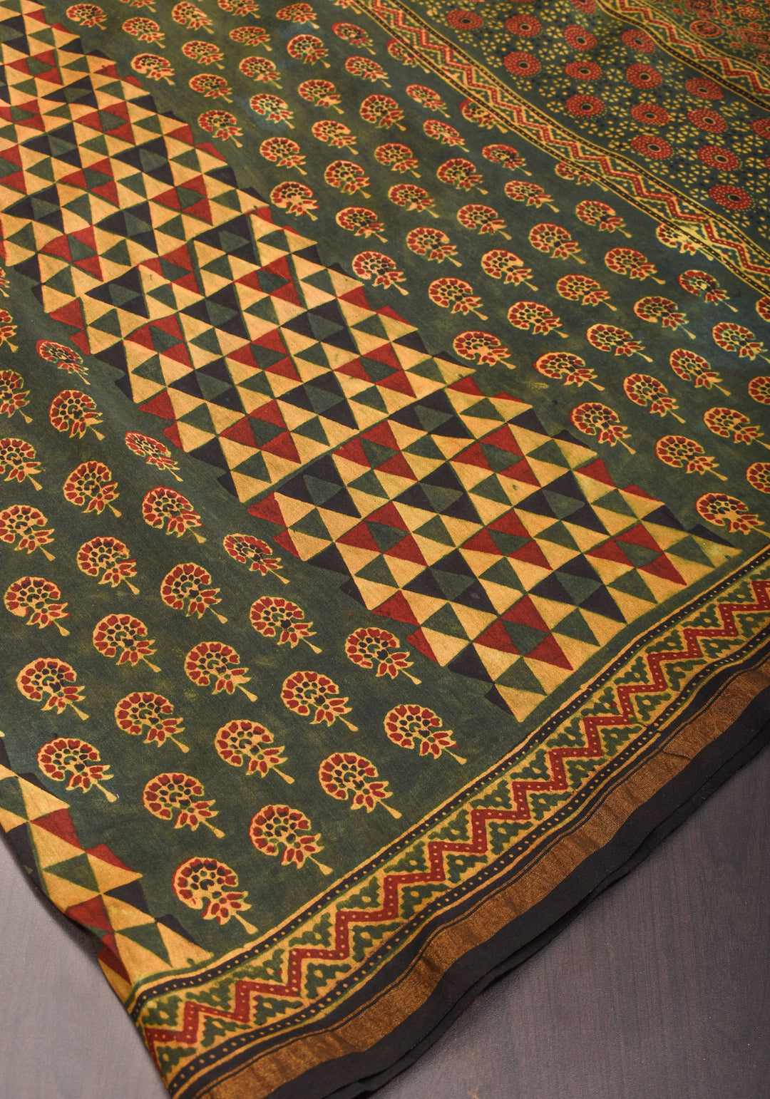 Ajrakh Hand Block Print on Chanderi Silk Cotton Saree with thin zari borders