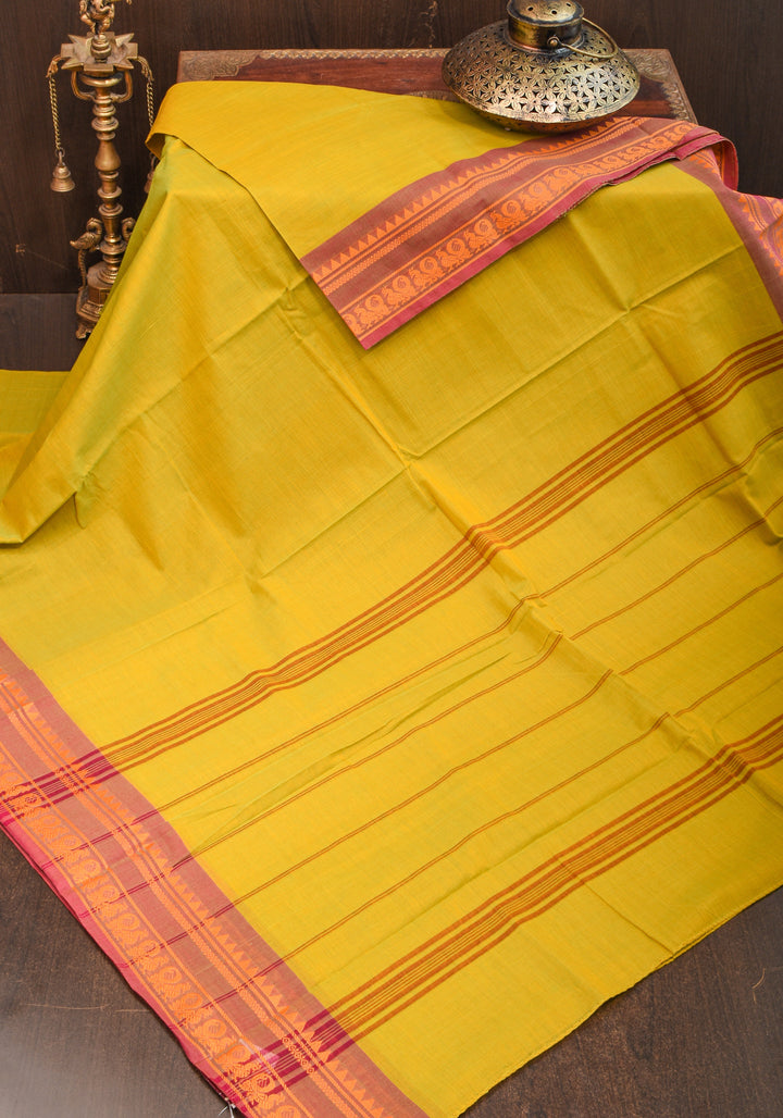 Cotton Handloom Saree In Moss Green with brick red Border No Blouse Piece | Shobitam Saree