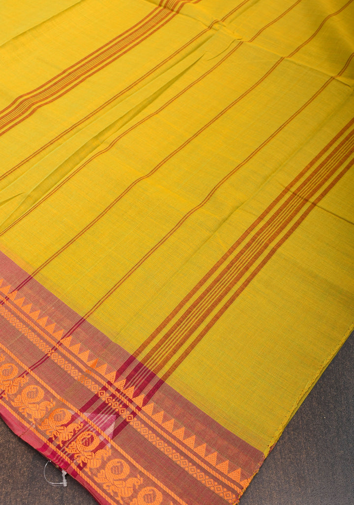 Cotton Handloom Saree In Moss Green with brick red Border No Blouse Piece | Shobitam Saree