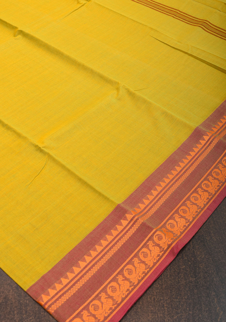 Cotton Handloom Saree In Moss Green with brick red Border No Blouse Piece | Shobitam Saree