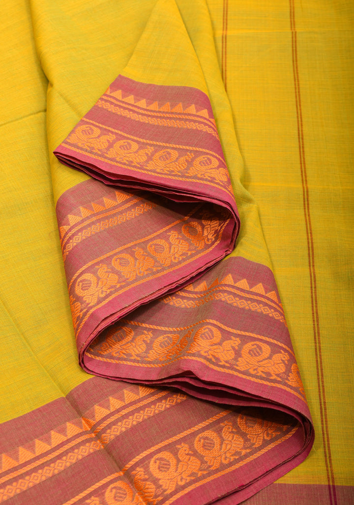 Cotton Handloom Saree In Moss Green with brick red Border No Blouse Piece | Shobitam Saree