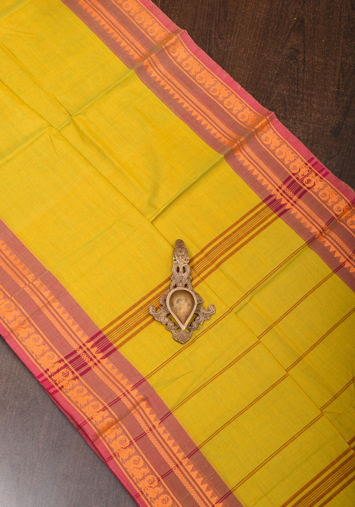 Cotton Handloom Saree In Moss Green with brick red Border No Blouse Piece | Shobitam Saree