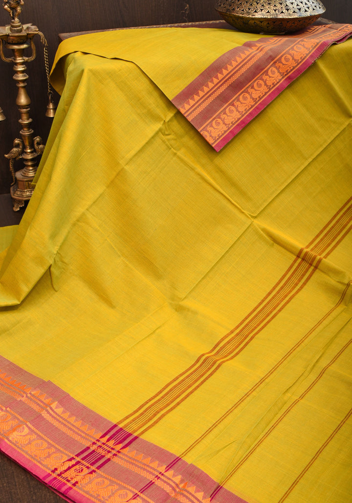 Cotton Handloom Saree In Moss Green with brick red Border No Blouse Piece | Shobitam Saree