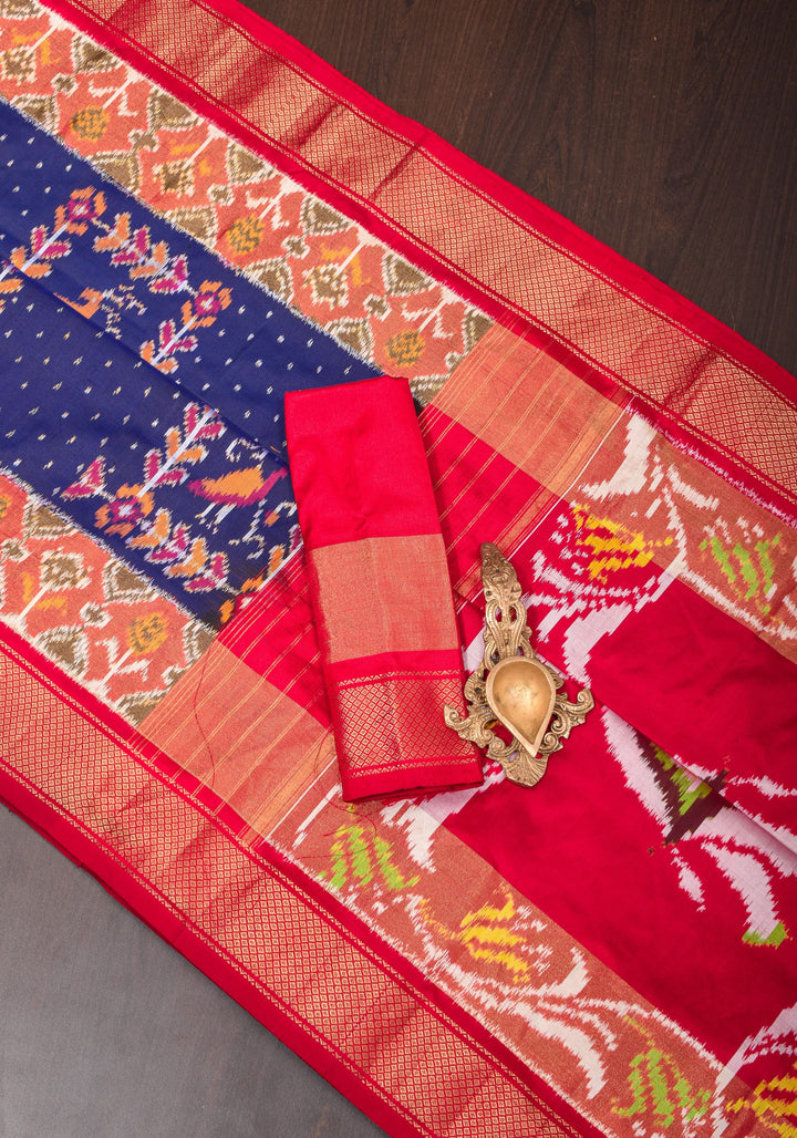 Navy Pure Silk Ikkat Handwoven silk saree with grid and dots pattern with Red border I SILK MARK CERTIFIED