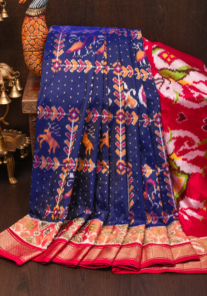 Navy Pure Silk Ikkat Handwoven silk saree with grid and dots pattern with Red border I SILK MARK CERTIFIED