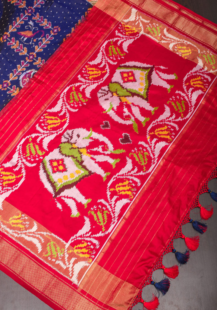 Navy Pure Silk Ikkat Handwoven silk saree with grid and dots pattern with Red border I SILK MARK CERTIFIED