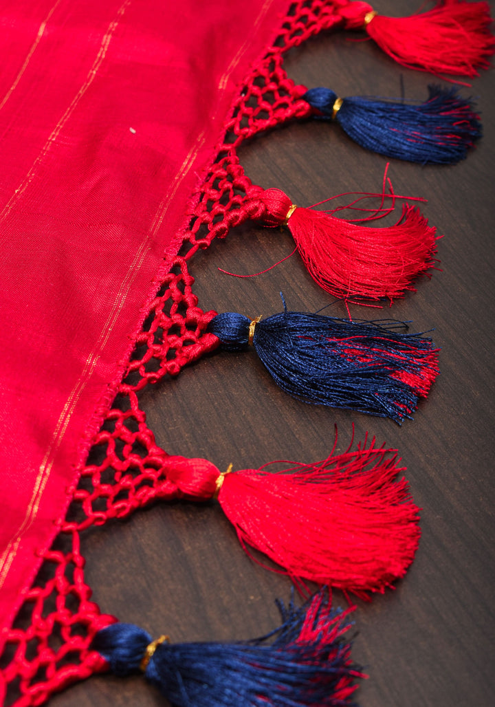 Navy Pure Silk Ikkat Handwoven silk saree with grid and dots pattern with Red border I SILK MARK CERTIFIED