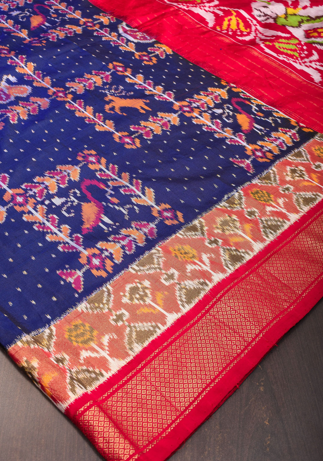 Navy Pure Silk Ikkat Handwoven silk saree with grid and dots pattern with Red border I SILK MARK CERTIFIED