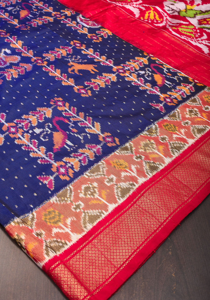 Navy Pure Silk Ikkat Handwoven silk saree with grid and dots pattern with Red border I SILK MARK CERTIFIED