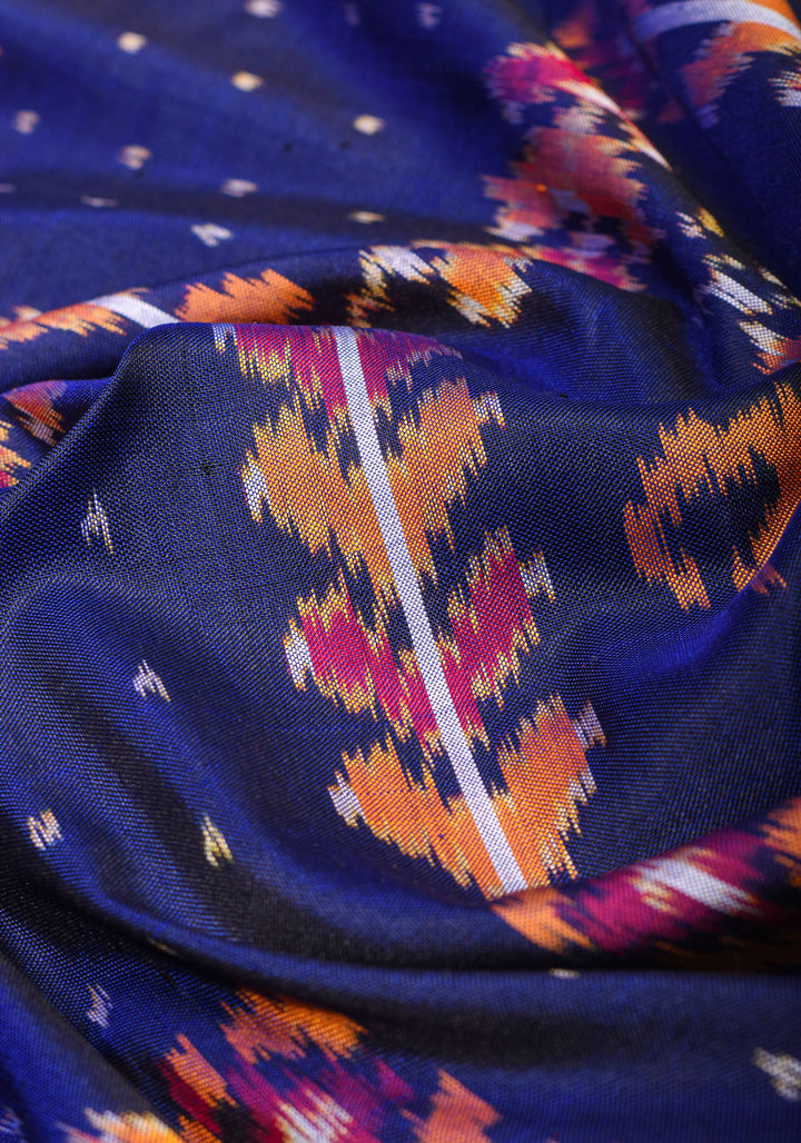 Navy Pure Silk Ikkat Handwoven silk saree with grid and dots pattern with Red border I SILK MARK CERTIFIED