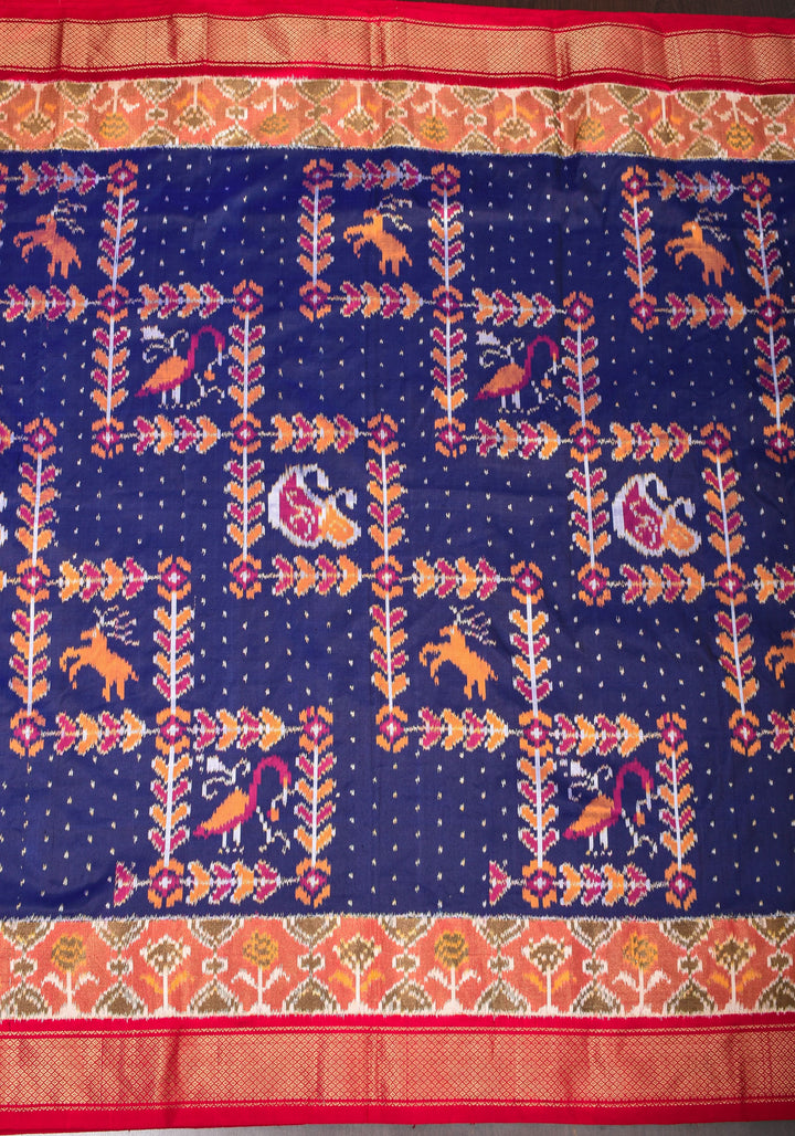 Navy Pure Silk Ikkat Handwoven silk saree with grid and dots pattern with Red border I SILK MARK CERTIFIED