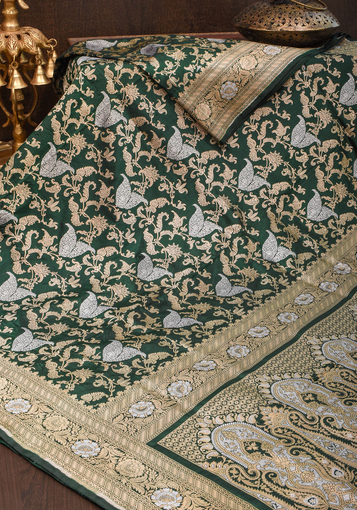 Exquisite Paisley Motif Alfi Jaal Brocade Banarasi Katan Silk Saree in Green | SILK MARK CERTIFIED