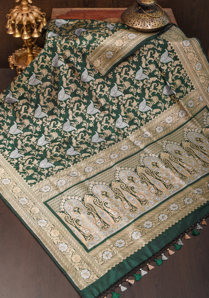 Exquisite Paisley Motif Alfi Jaal Brocade Banarasi Katan Silk Saree in Green | SILK MARK CERTIFIED