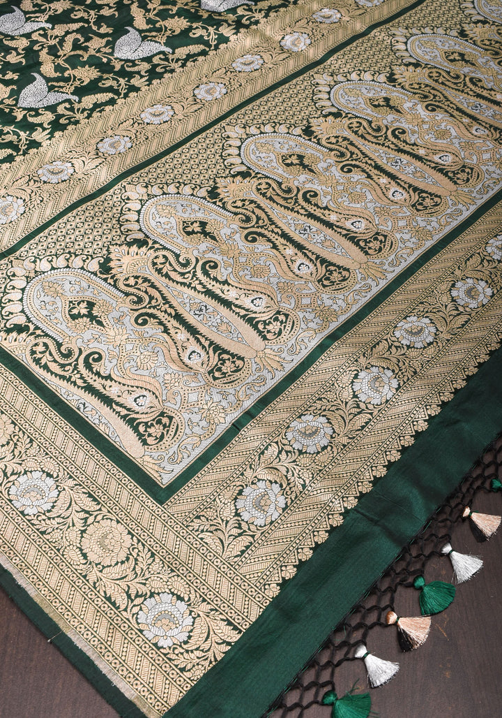 Exquisite Paisley Motif Alfi Jaal Brocade Banarasi Katan Silk Saree in Green | SILK MARK CERTIFIED