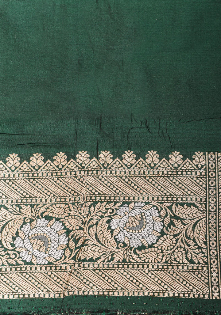 Exquisite Paisley Motif Alfi Jaal Brocade Banarasi Katan Silk Saree in Green | SILK MARK CERTIFIED