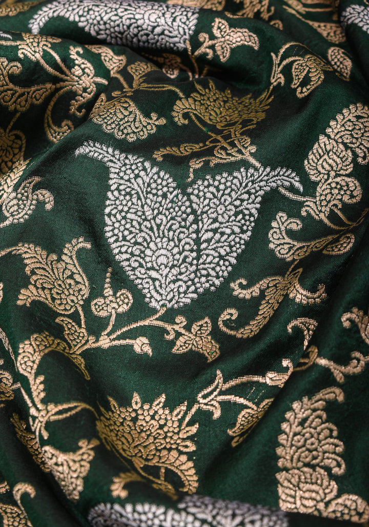 Exquisite Paisley Motif Alfi Jaal Brocade Banarasi Katan Silk Saree in Green | SILK MARK CERTIFIED