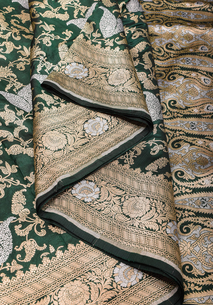 Exquisite Paisley Motif Alfi Jaal Brocade Banarasi Katan Silk Saree in Green | SILK MARK CERTIFIED