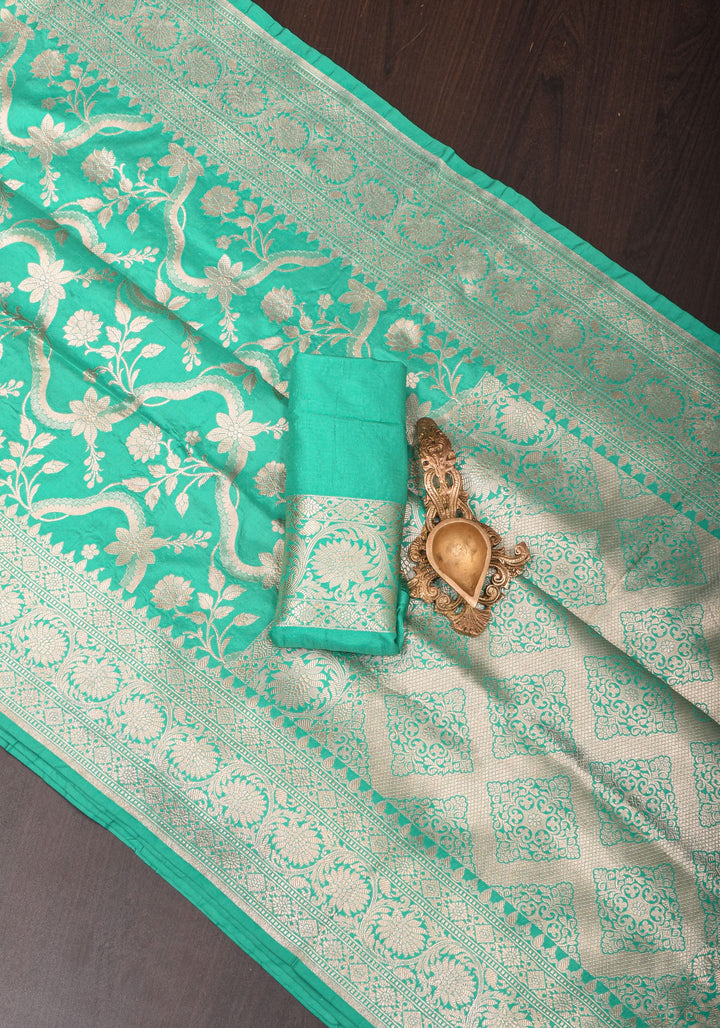 Green & Gold Authentic Banarasi Katan Silk Saree  with  Floral Jaal and Zari Border | SILK MARK CERTIFIED
