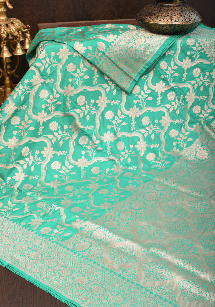 Green & Gold Authentic Banarasi Katan Silk Saree  with  Floral Jaal and Zari Border | SILK MARK CERTIFIED