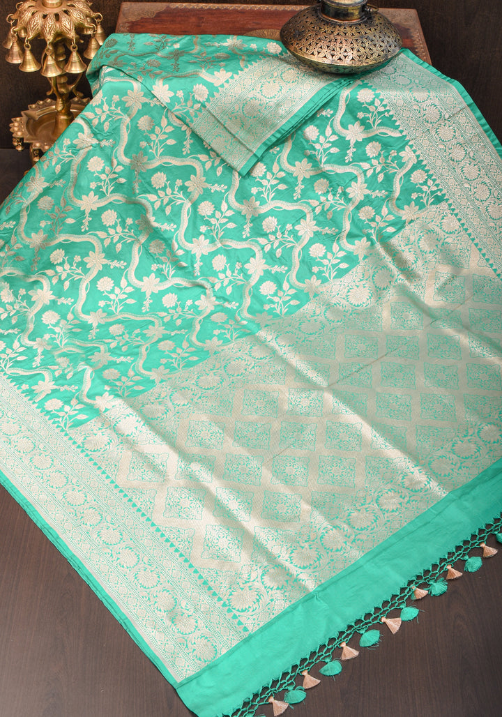 Green & Gold Authentic Banarasi Katan Silk Saree  with  Floral Jaal and Zari Border | SILK MARK CERTIFIED