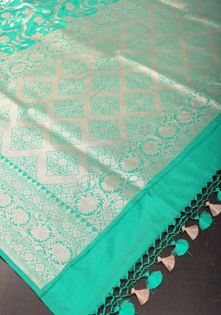Green & Gold Authentic Banarasi Katan Silk Saree  with  Floral Jaal and Zari Border | SILK MARK CERTIFIED