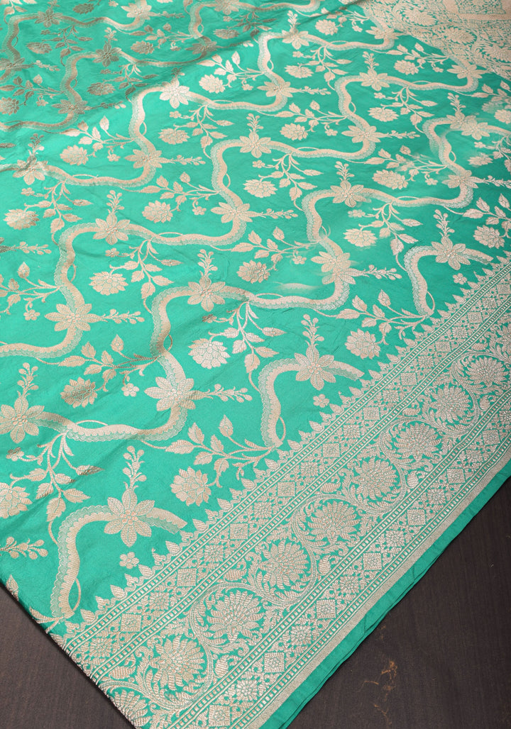Green & Gold Authentic Banarasi Katan Silk Saree  with  Floral Jaal and Zari Border | SILK MARK CERTIFIED