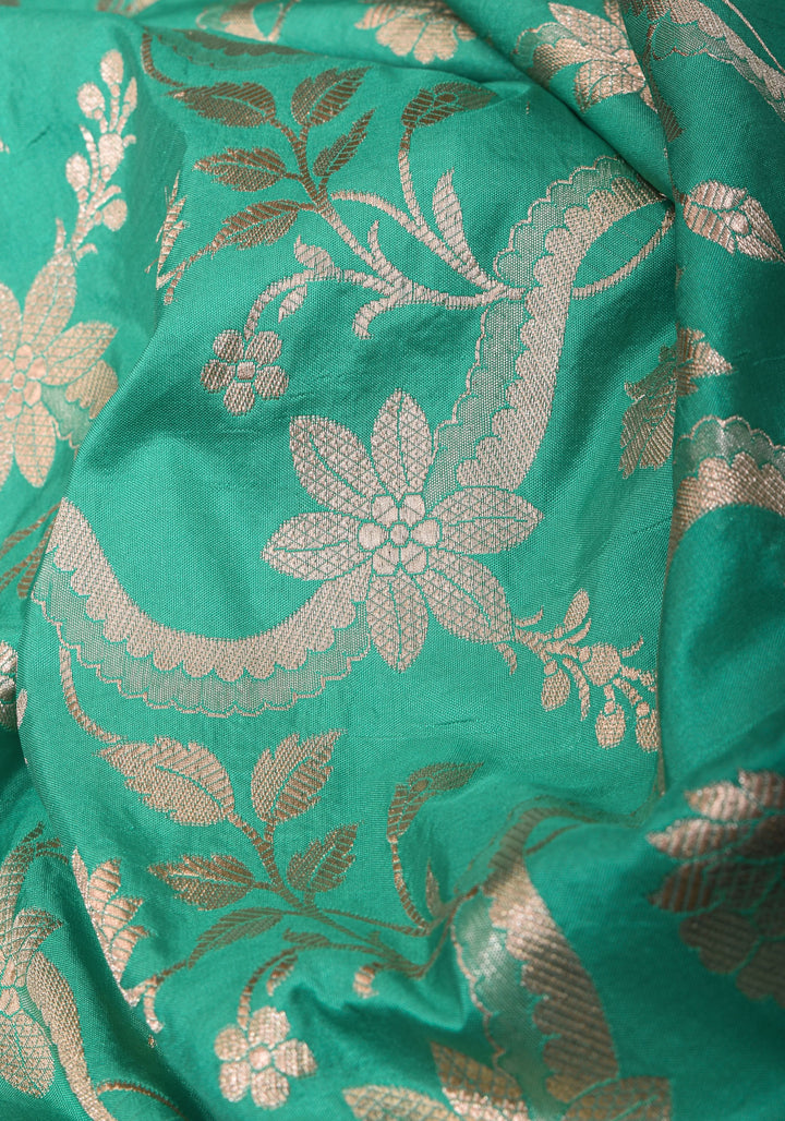 Green & Gold Authentic Banarasi Katan Silk Saree  with  Floral Jaal and Zari Border | SILK MARK CERTIFIED