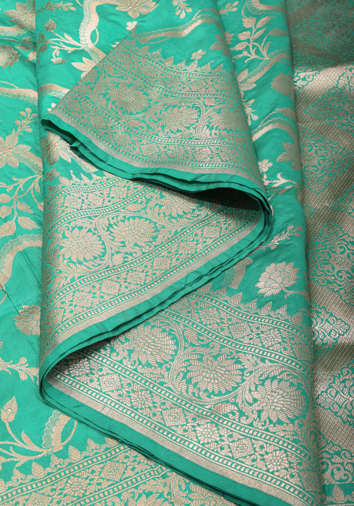 Green & Gold Authentic Banarasi Katan Silk Saree  with  Floral Jaal and Zari Border | SILK MARK CERTIFIED