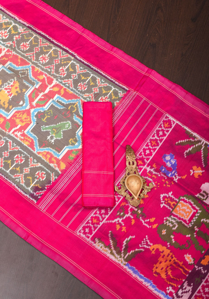 Red and Pink Pure Silk Ikkat Handwoven Saree with Intricate weave | SILK MARK CERTIFIED