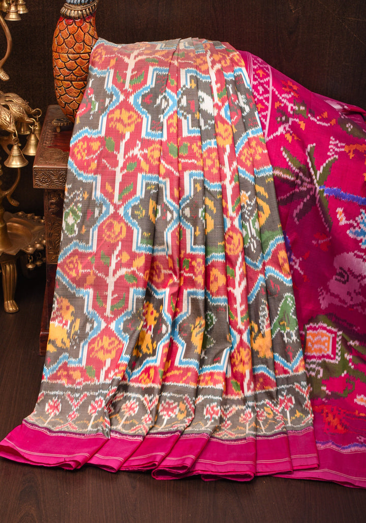 Red and Pink Pure Silk Ikkat Handwoven Saree with Intricate weave | SILK MARK CERTIFIED