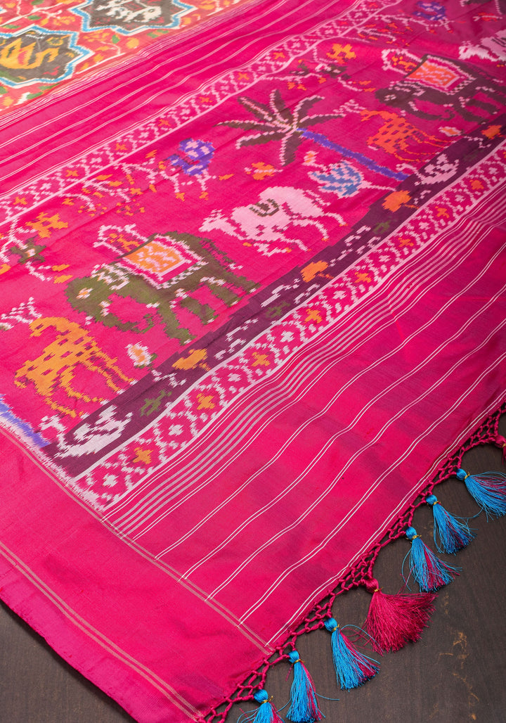 Red and Pink Pure Silk Ikkat Handwoven Saree with Intricate weave | SILK MARK CERTIFIED