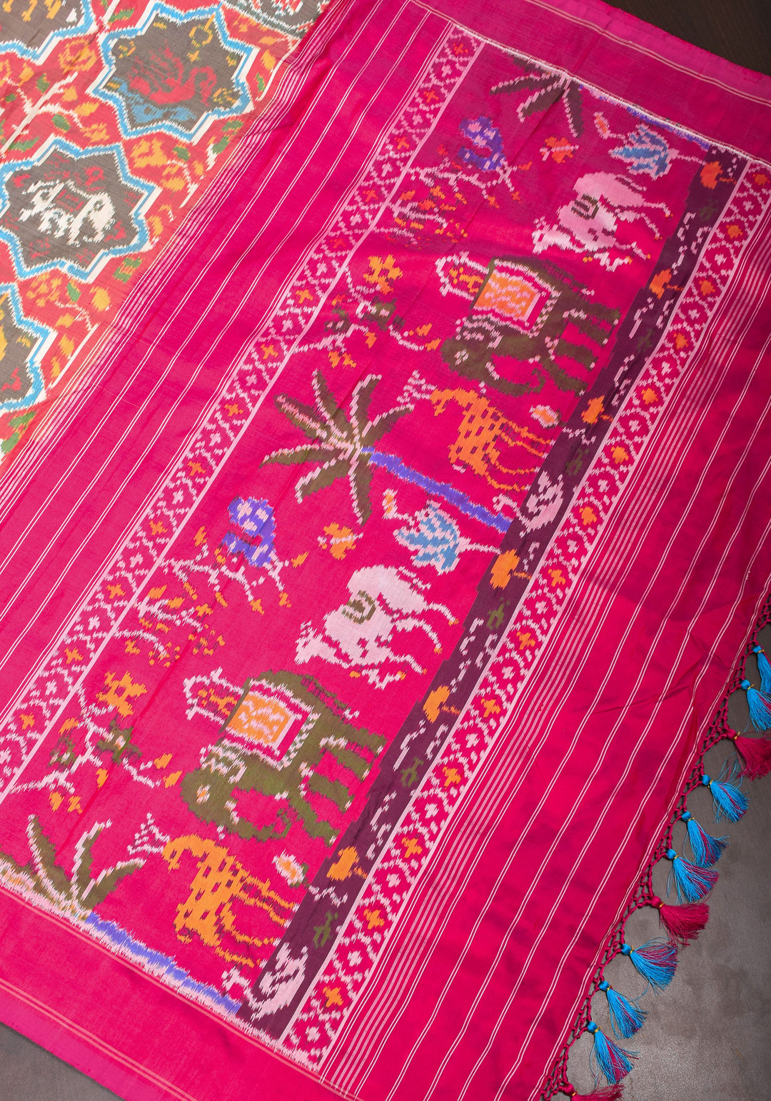 Red and Pink Pure Silk Ikkat Handwoven Saree with Intricate weave | SILK MARK CERTIFIED