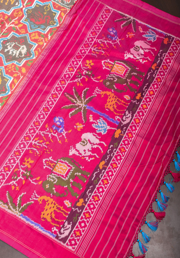 Red and Pink Pure Silk Ikkat Handwoven Saree with Intricate weave | SILK MARK CERTIFIED