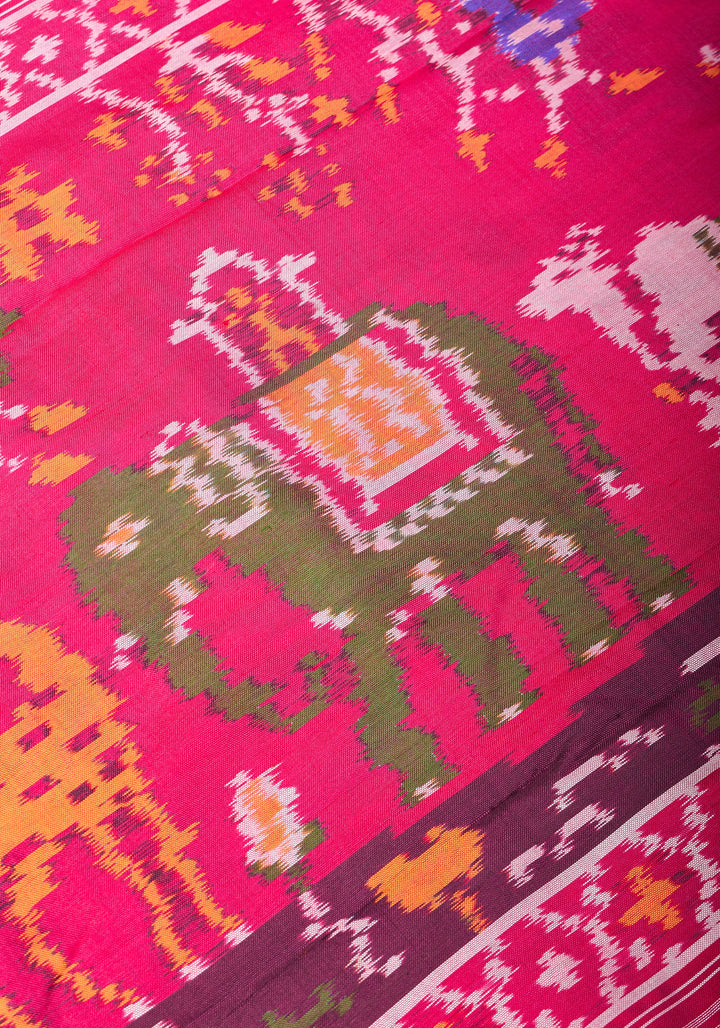 Red and Pink Pure Silk Ikkat Handwoven Saree with Intricate weave | SILK MARK CERTIFIED