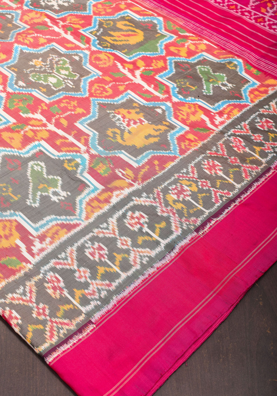 Red and Pink Pure Silk Ikkat Handwoven Saree with Intricate weave | SILK MARK CERTIFIED