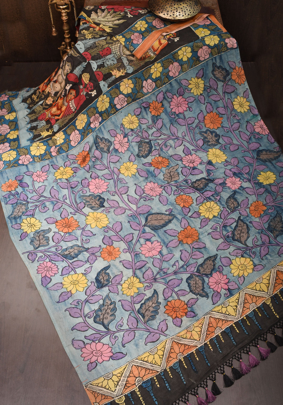 Black Authentic Pen Kalamkari on pure Assam Silk with Forest Tribes and Floral on Pallu  | SILK MARKED CERTIFIED