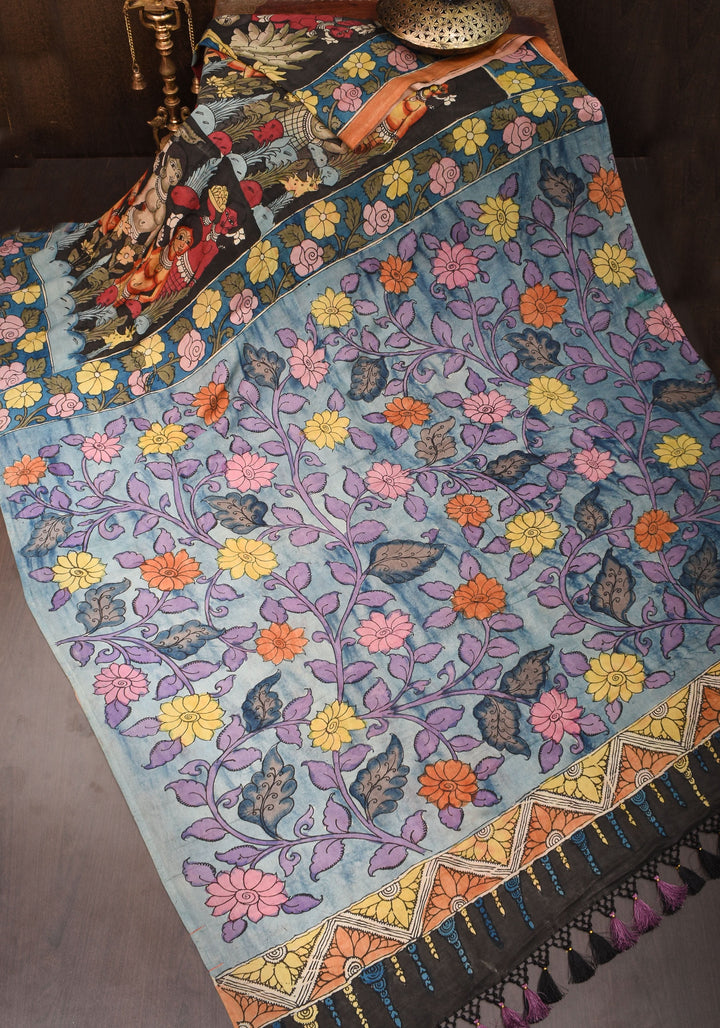 Black Authentic Pen Kalamkari on pure Assam Silk with Forest Tribes and Floral on Pallu  | SILK MARKED CERTIFIED