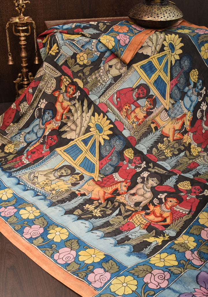 Black Authentic Pen Kalamkari on pure Assam Silk with Forest Tribes and Floral on Pallu  | SILK MARKED CERTIFIED