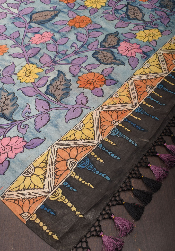 Black Authentic Pen Kalamkari on pure Assam Silk with Forest Tribes and Floral on Pallu  | SILK MARKED CERTIFIED