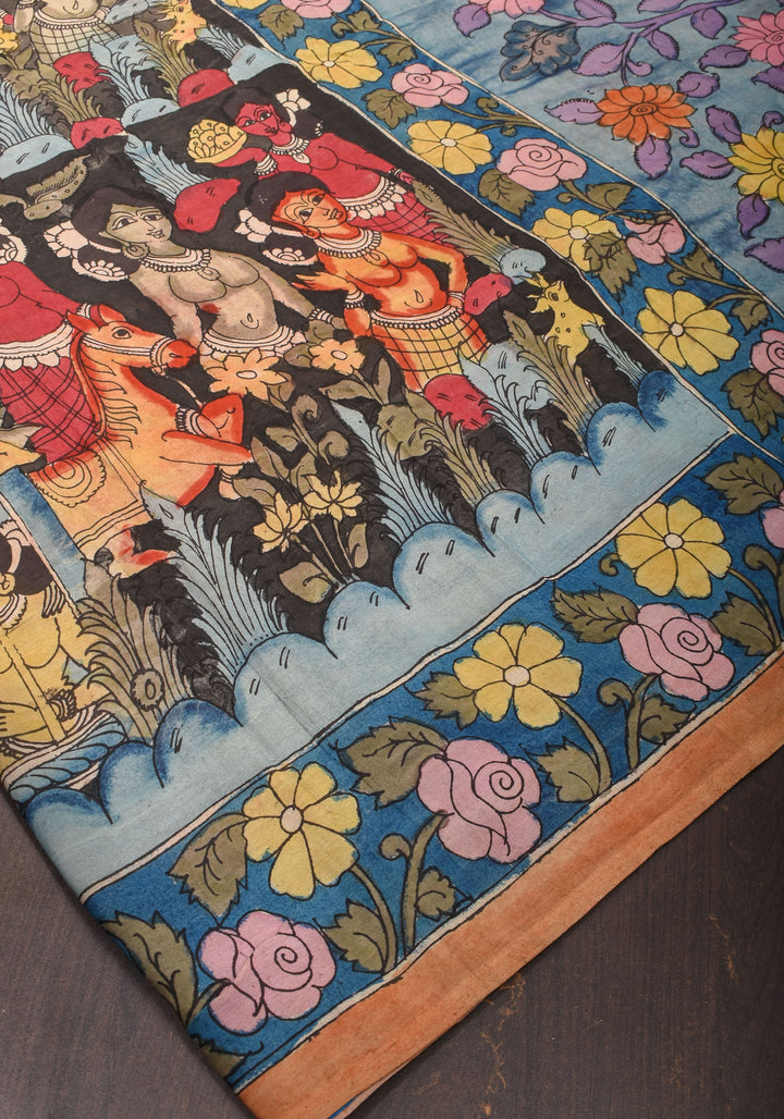 Black Authentic Pen Kalamkari on pure Assam Silk with Forest Tribes and Floral on Pallu  | SILK MARKED CERTIFIED