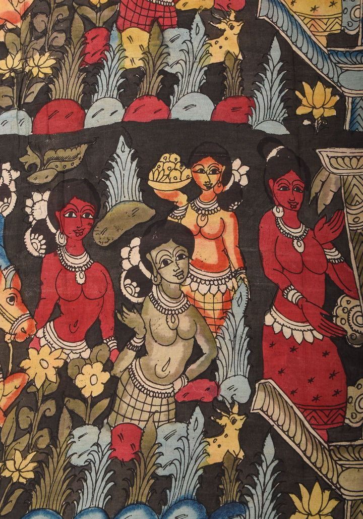 Black Authentic Pen Kalamkari on pure Assam Silk with Forest Tribes and Floral on Pallu  | SILK MARKED CERTIFIED