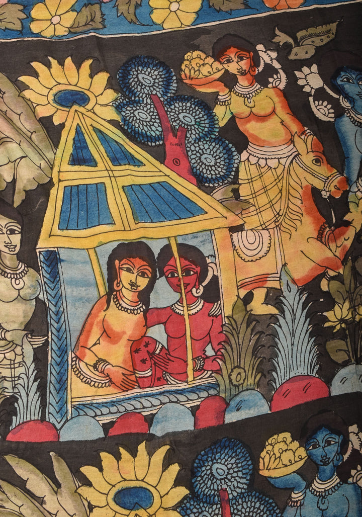 Black Authentic Pen Kalamkari on pure Assam Silk with Forest Tribes and Floral on Pallu  | SILK MARKED CERTIFIED