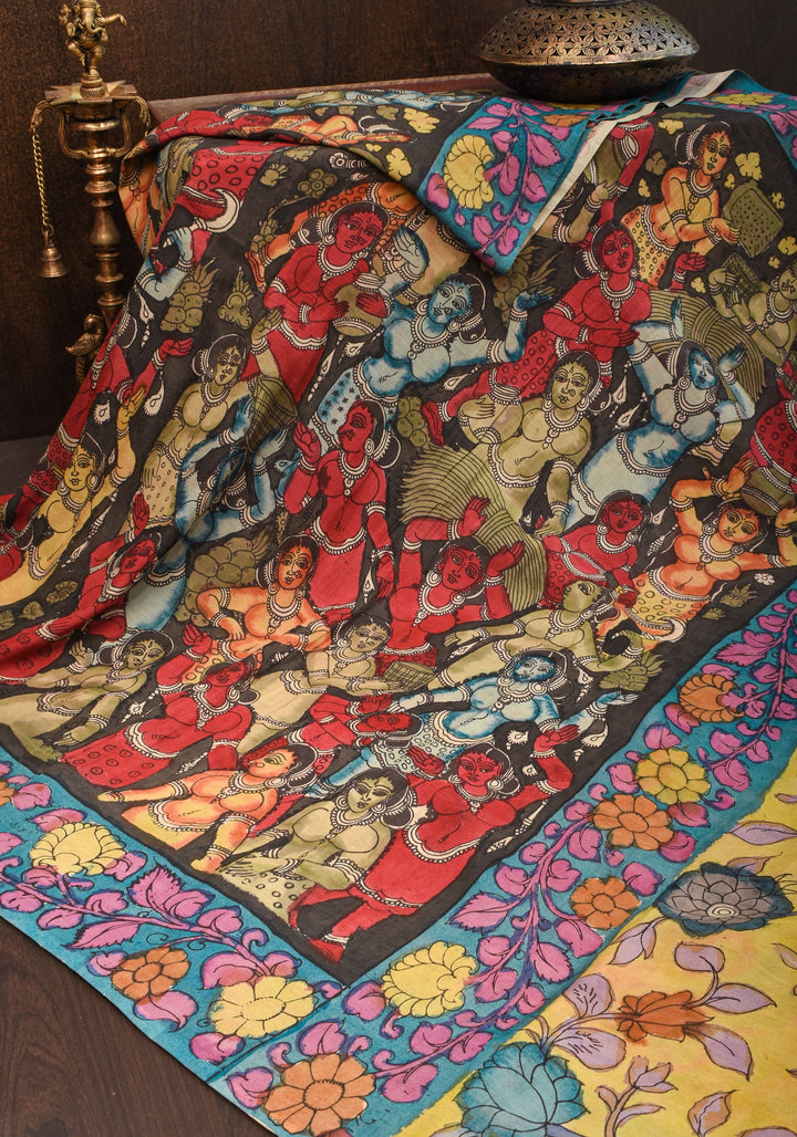Black Authentic Pen Kalamkari on pure Assam Silk with Dancers and Tree of Life Pallu | SILK MARKED CERTIFIED