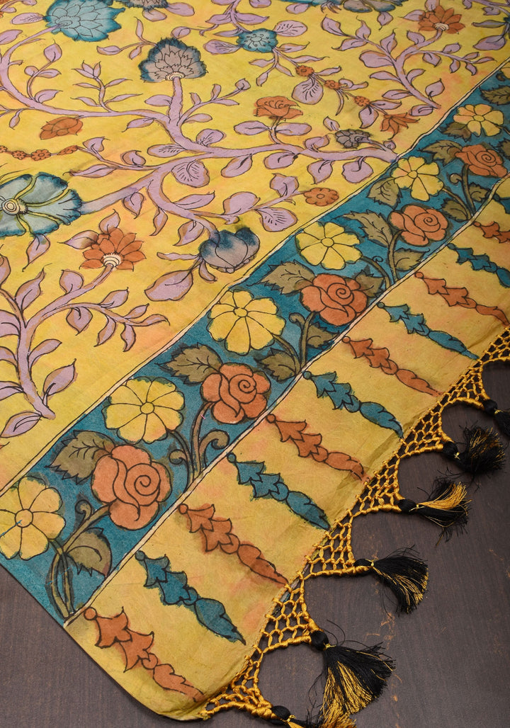 Black Authentic Pen Kalamkari on pure Assam Silk with Dancers and Tree of Life Pallu | SILK MARKED CERTIFIED