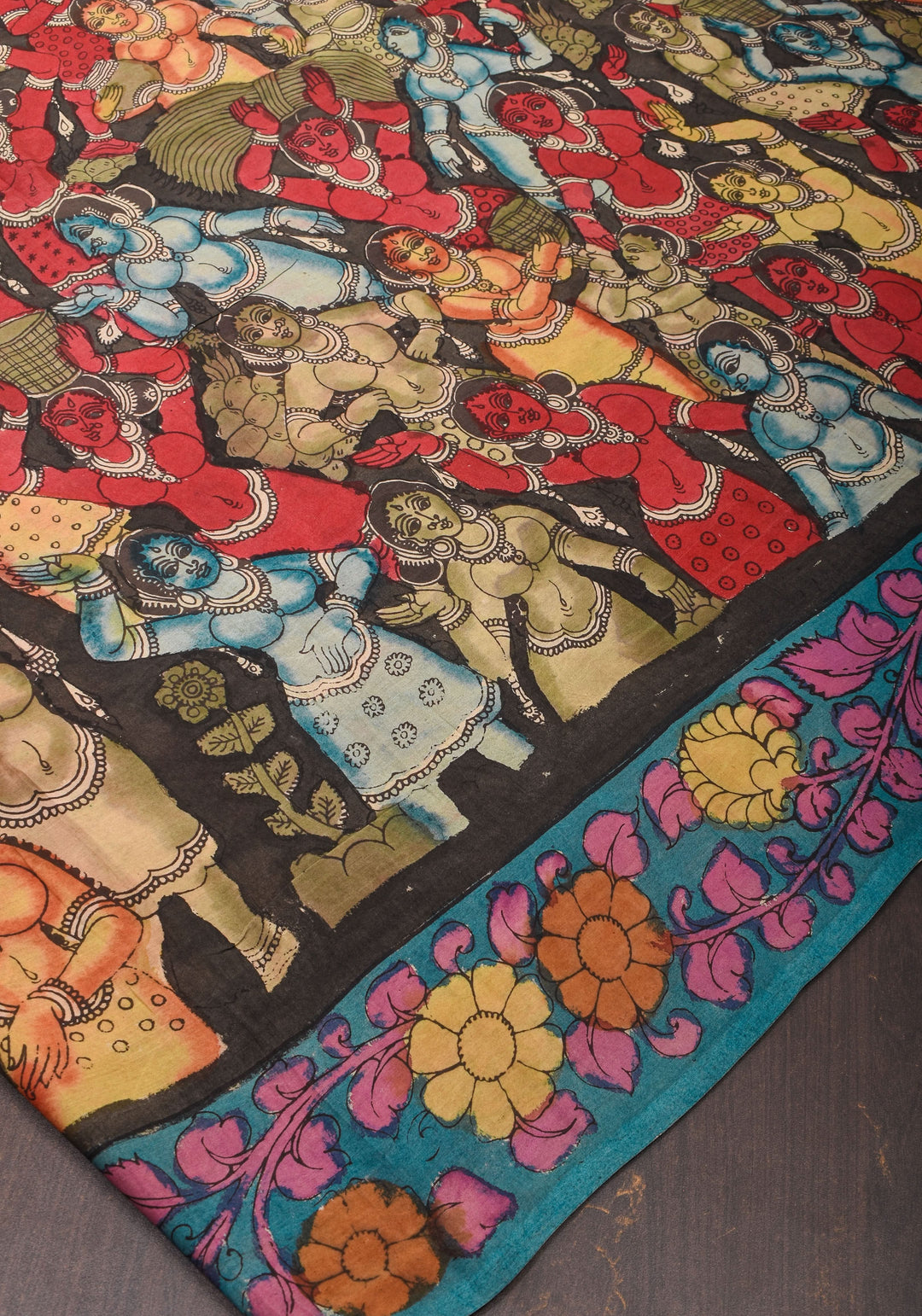 Black Authentic Pen Kalamkari on pure Assam Silk with Dancers and Tree of Life Pallu | SILK MARKED CERTIFIED