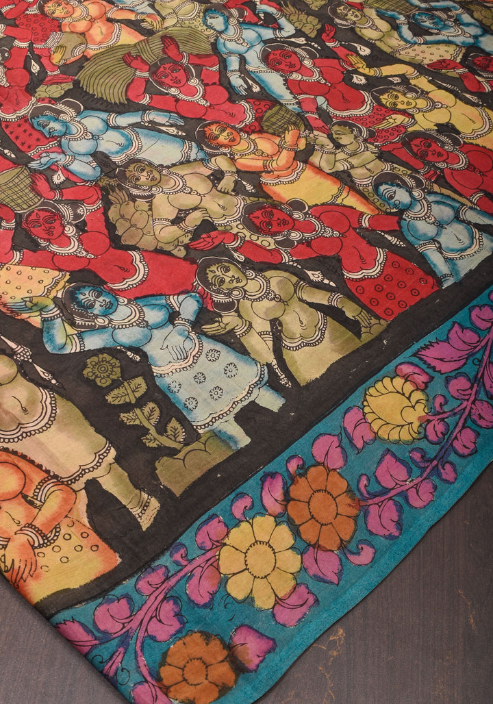 Black Authentic Pen Kalamkari on pure Assam Silk with Dancers and Tree of Life Pallu | SILK MARKED CERTIFIED
